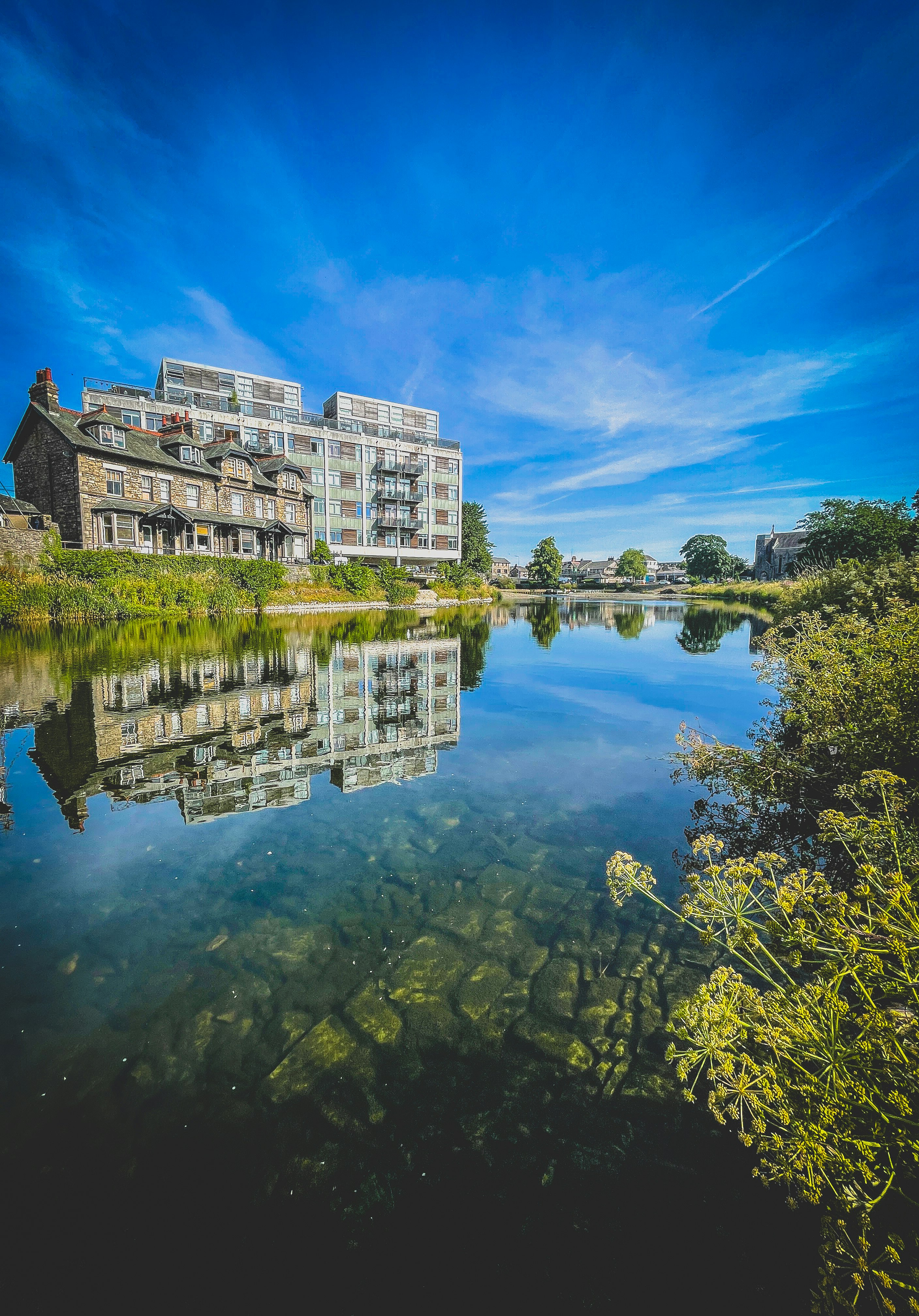 white and brown concrete building beside green trees and body of water under blue sky during